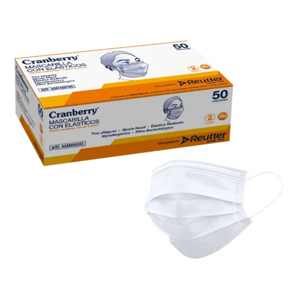 MASCARILLA RECTANGULAR DESECHABLE 3 PL 50 UNID BLANCA CRAMBERRY